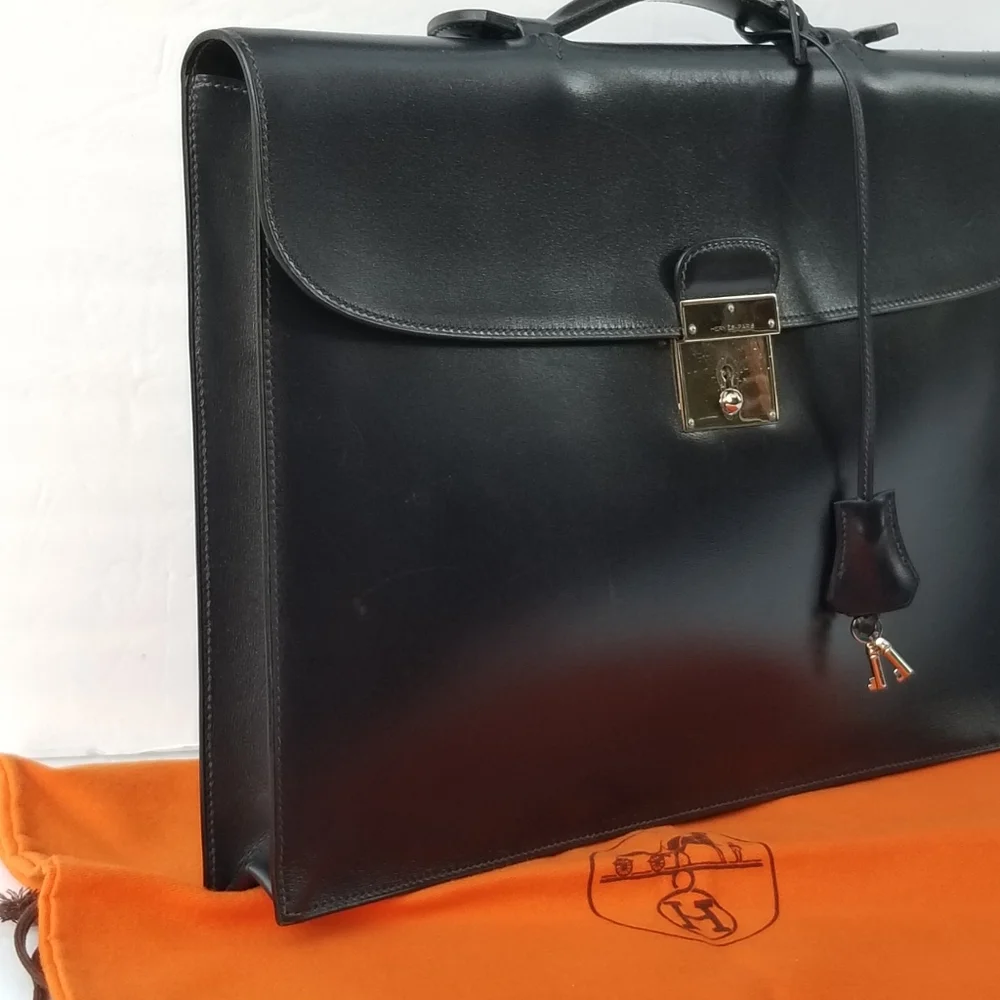 Hermès Paris Sac à dépêches briefcase in dark Navy box leather Vintage